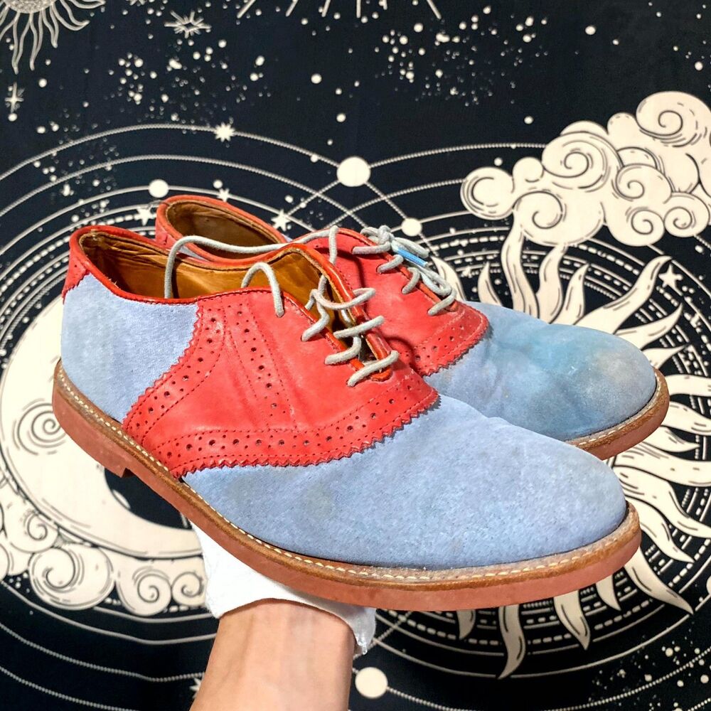 Walk-Over Dress Shoes Men's Blue Suede Oxford Wingtip Leather Patch Preppy USA